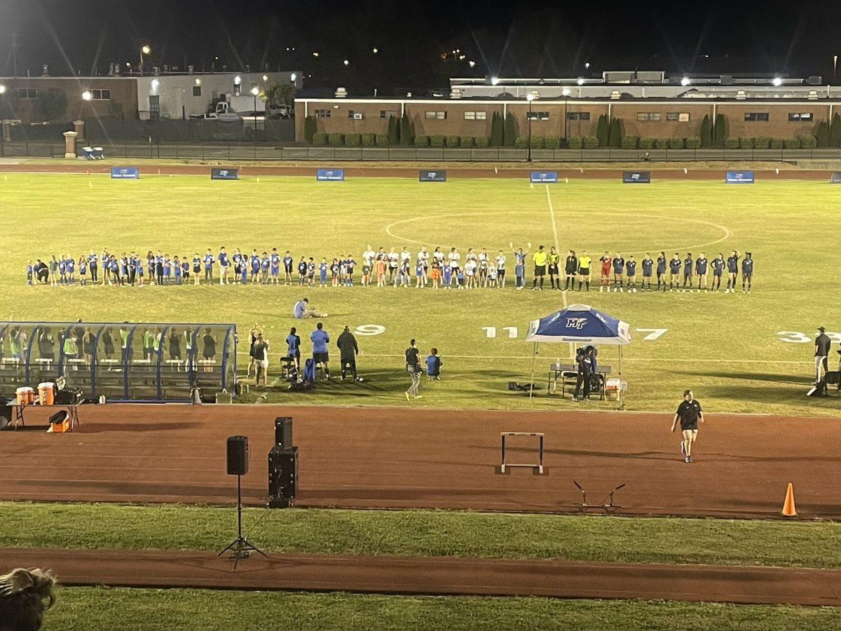 MTSU soccer gathers on the field during senior night ceremonies. (Photo by Jacob Burgess)