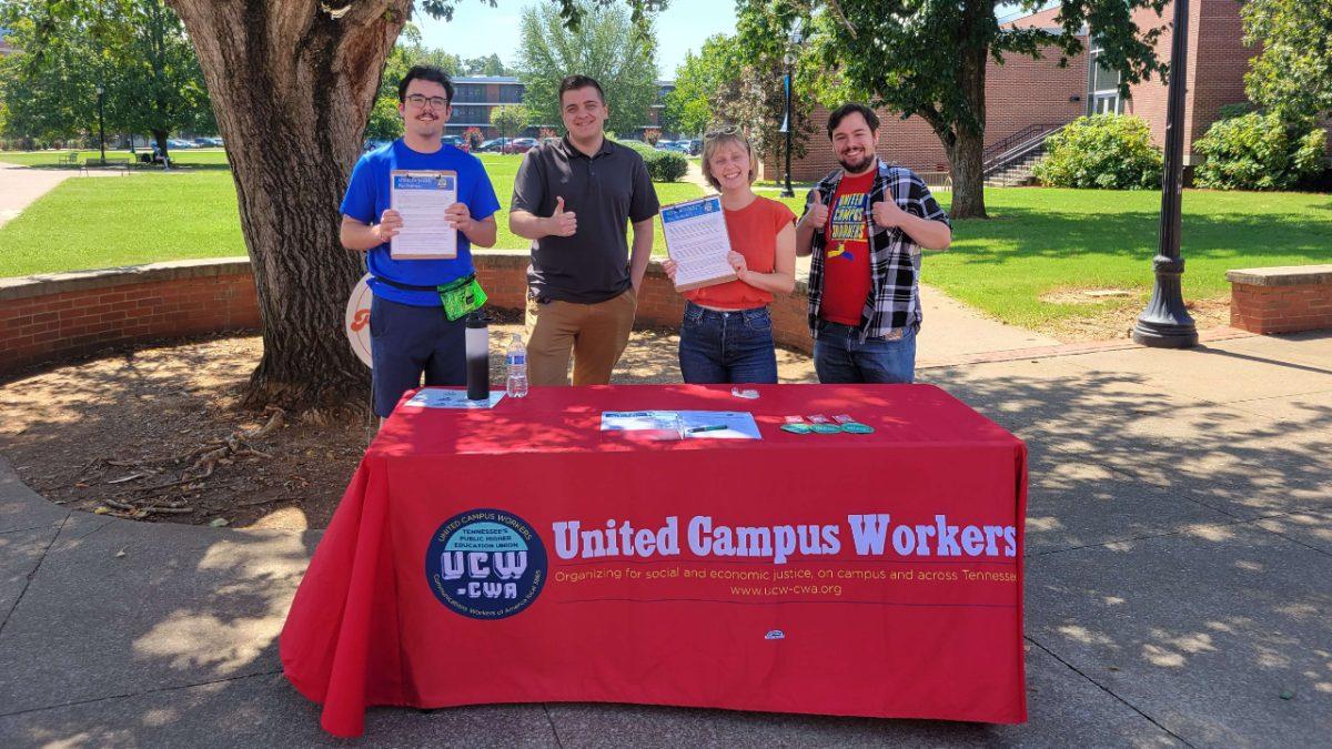 The MTSU United Campus Workers tables for petition signatures outside the Keathley University Center.
(Photo by Ravel Pirouznia.)
