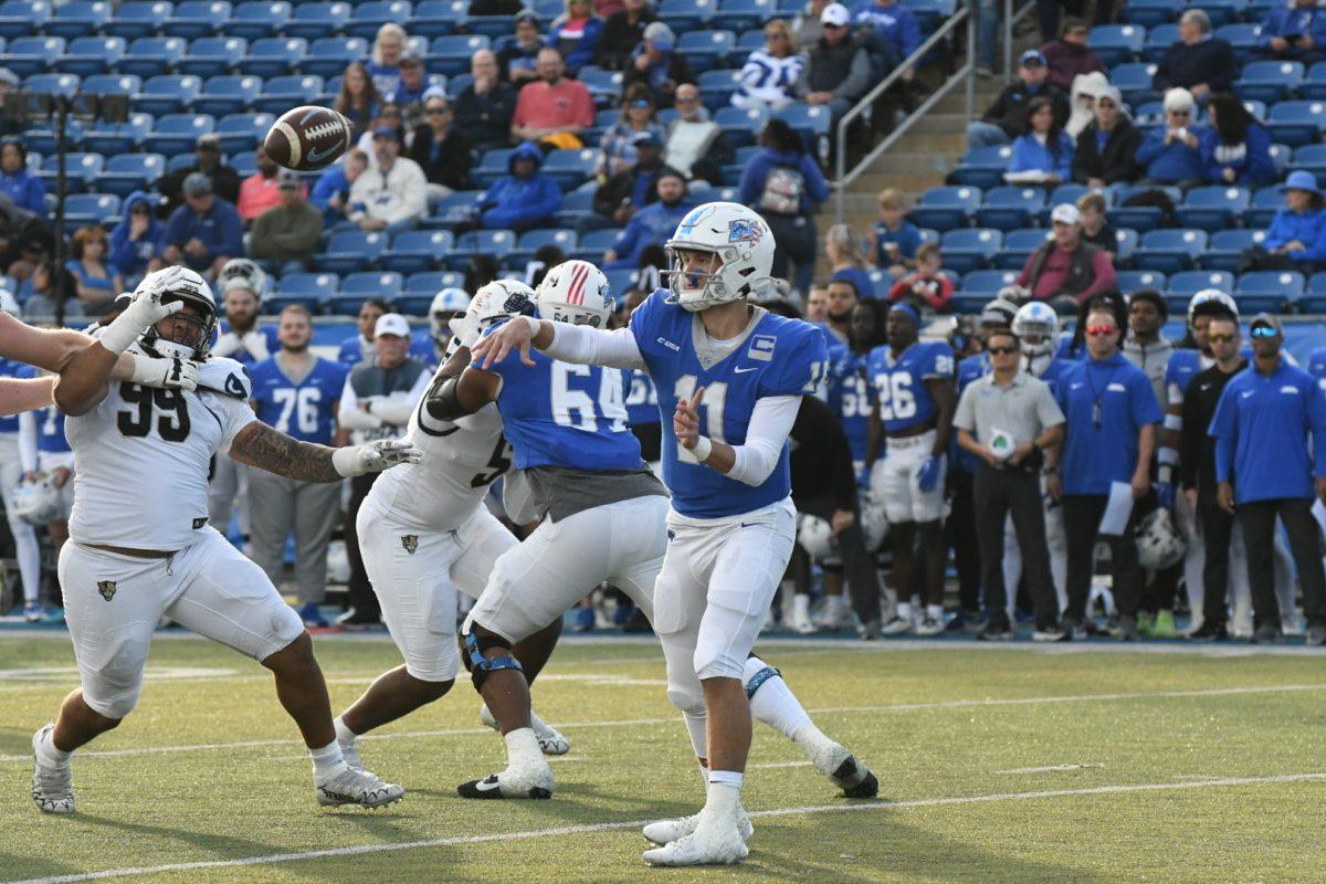 MTSU quarterback Nicholas Vattiato attempts a pass against FIU. (Photo by Erin Douglas)