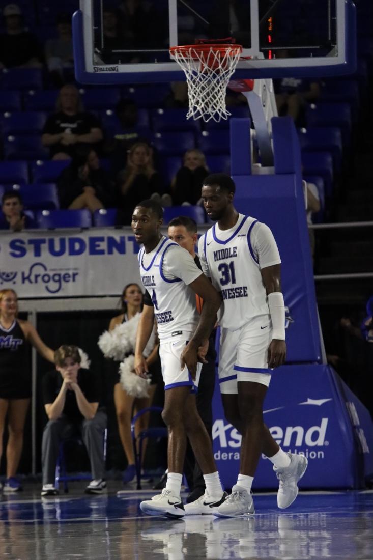 Justin Bufford and Jared Coleman-Jones prepare to play defense against Stephen F. Austin. (Photo by Savion Davis)