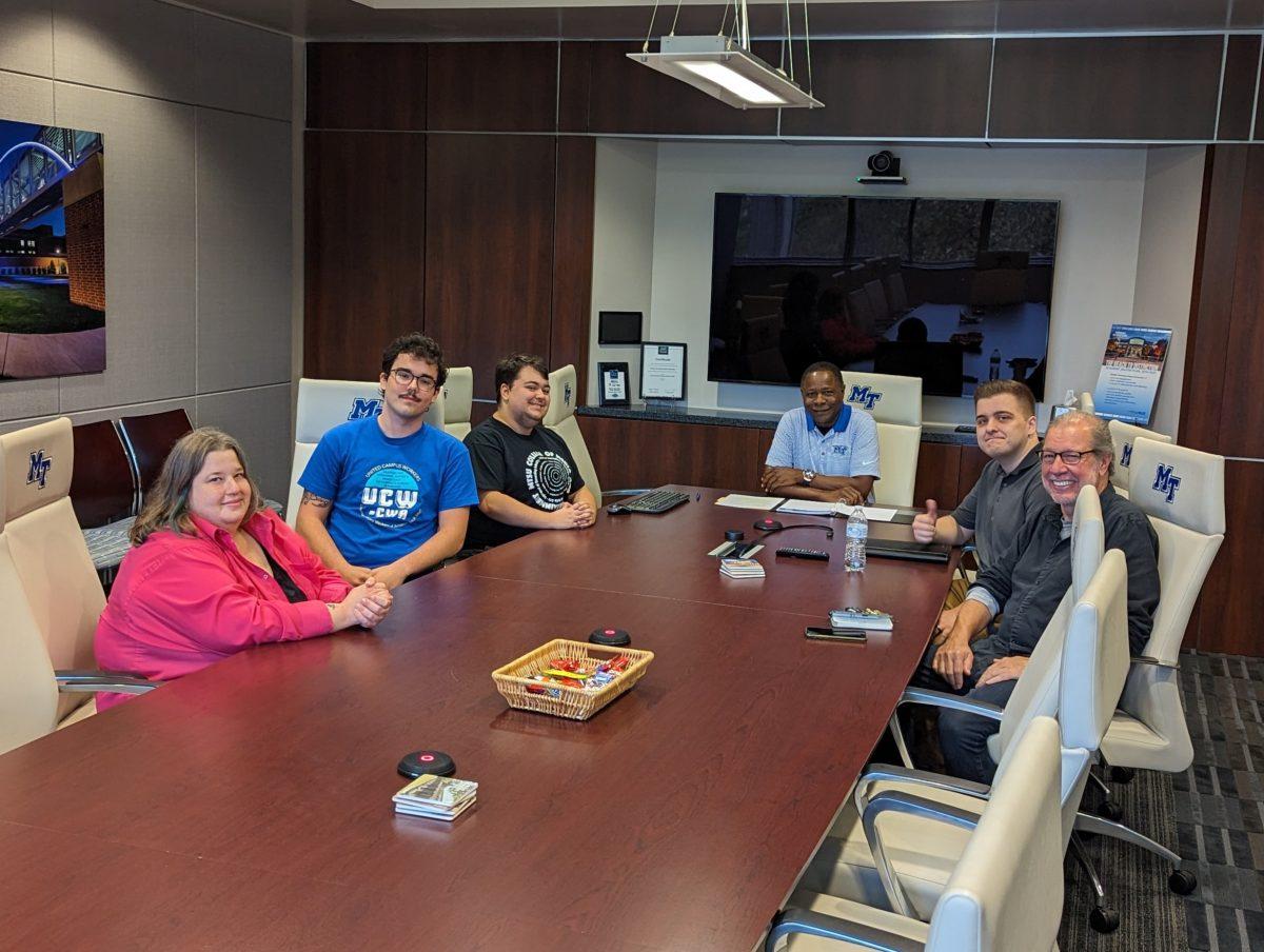 Representatives of the United Campus Workers at MTSU met with President McPhee to discuss a shift from monthly to biweekly pay. Photo by Ethan Schmidt.