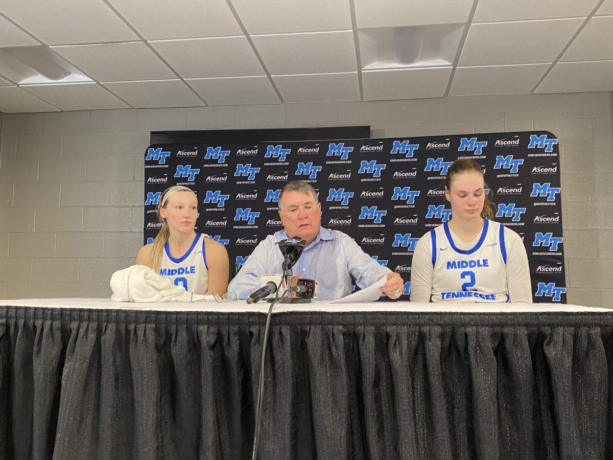 MTSU head coach Rick Insell, players Jalynn Gregory and Anastasiia Boldyreva sit in the postgame press conference after beating Tennessee. (Photo by Calvin White)