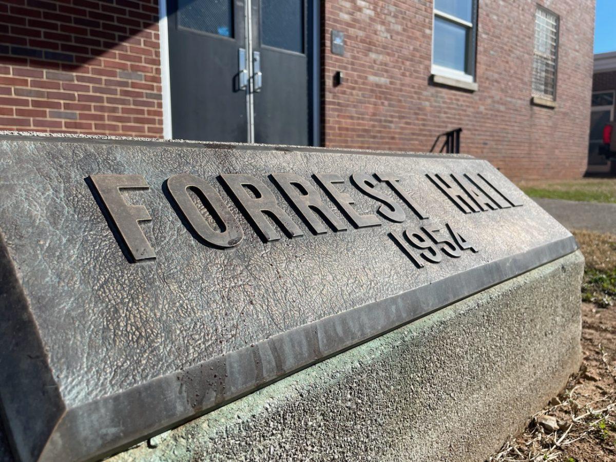 Sign of MTSU Forrest Hall with creation date (Taken by Noah McLane)