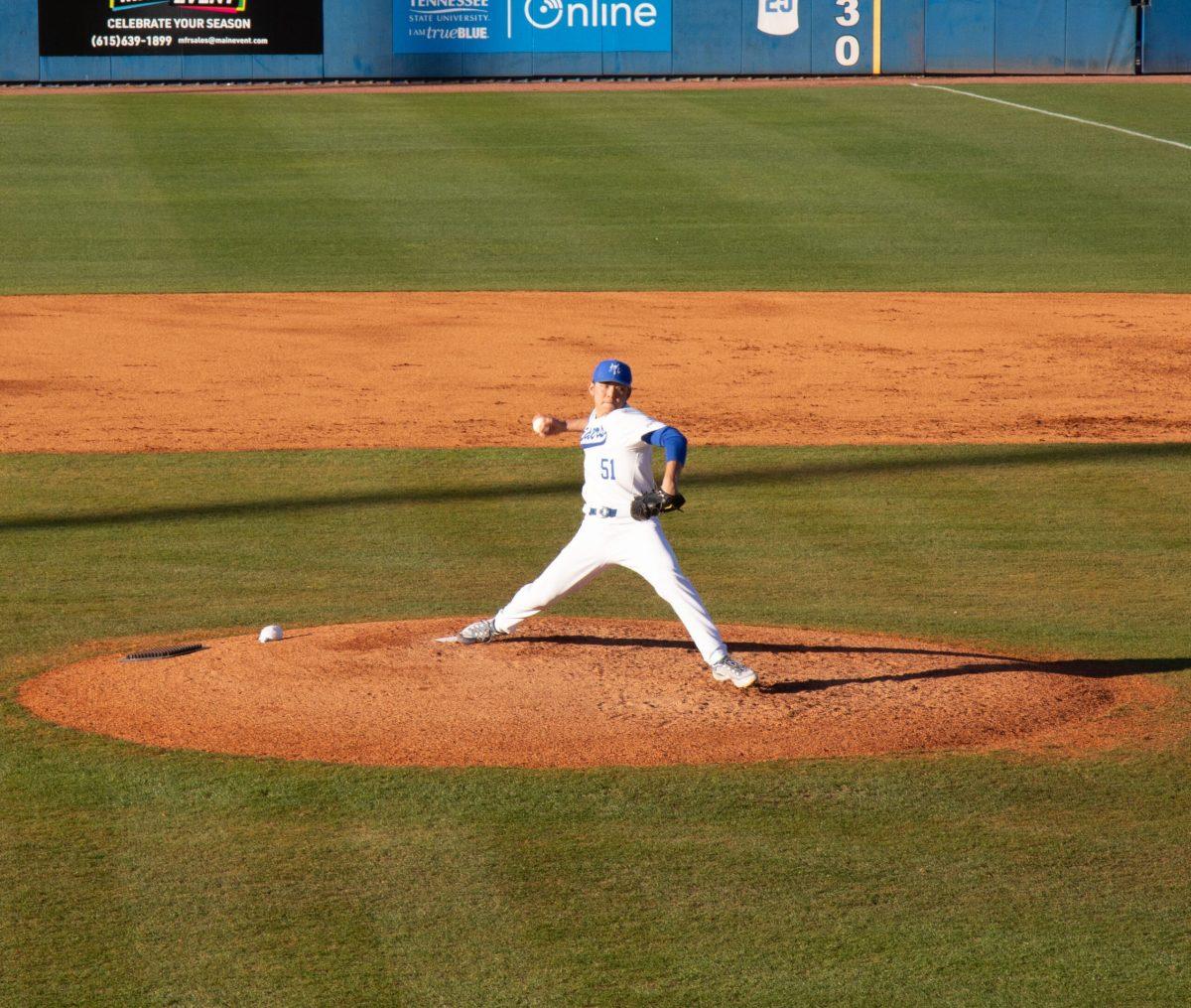 Kota Sato winds up to throw a pitch. (Photo by Preston Todd)