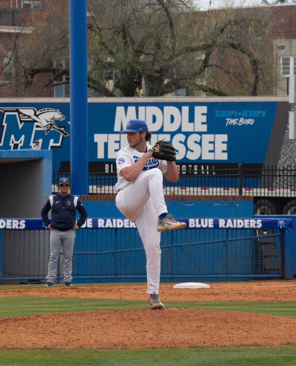 MTSU pitcher Cole Torbett winds up to pitch at Reese Smith Jr. Field on March 23, 2024.
