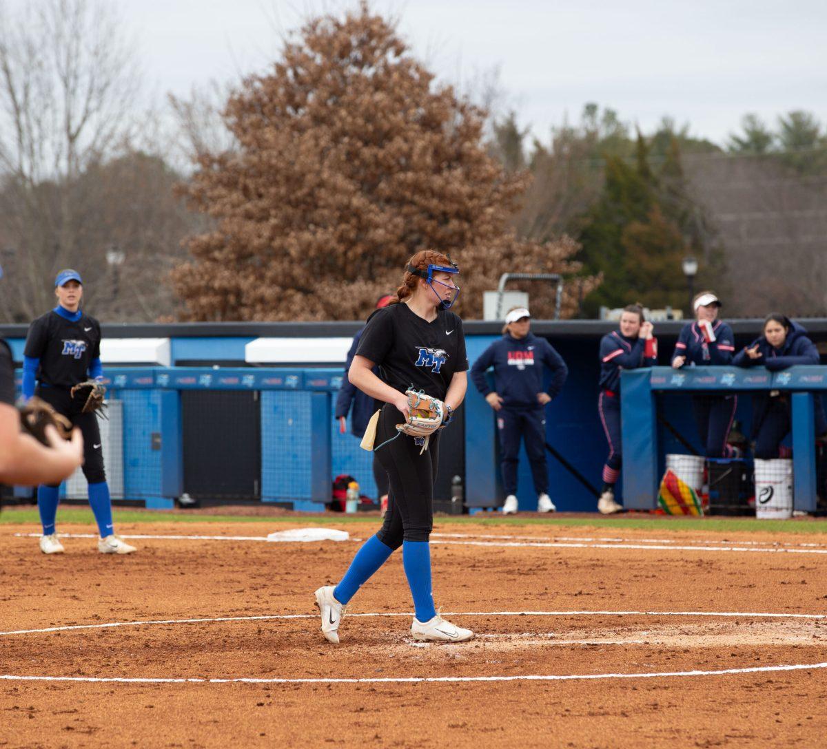 Kamryn Carcich prepares to deliver a pitch against Detroit Mercy. 