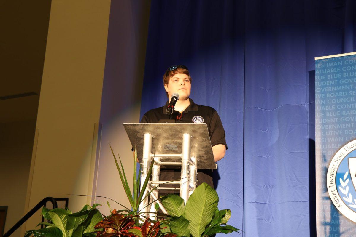 Ben Payson answers questions at the 2024-2025 Student Government Association Debate (Taken by Hannah Carley.)