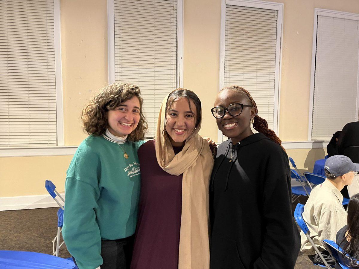 From left to right: Rand Hasan, Alisha Saeed and Amber Ojuade celebrate Ramadan at a Ramadan Iftar dinner hosted by MTSU's Office of International Affairs and the Intercultural and Diversity Affairs on March 20, 2024. Photo by Alyssa Williams. 