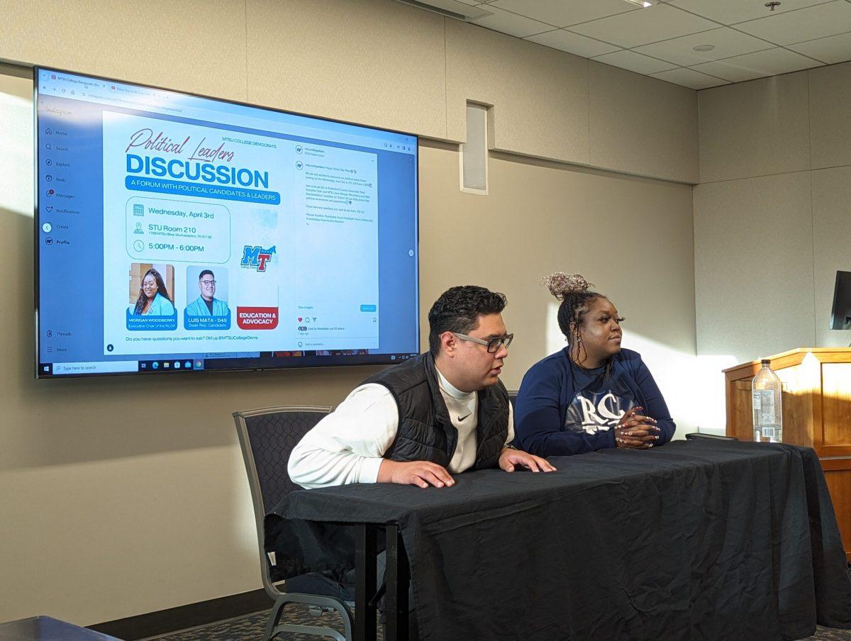 Luis Mata and Morgan Woodberry discuss the future of American democracy with students. (Taken by Ethan Schmidt)