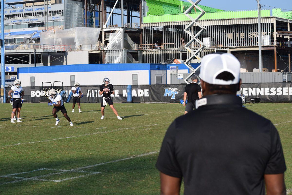 Derek Mason observes his team at media day, 8-6-2024. (Photo by Brett Walker)