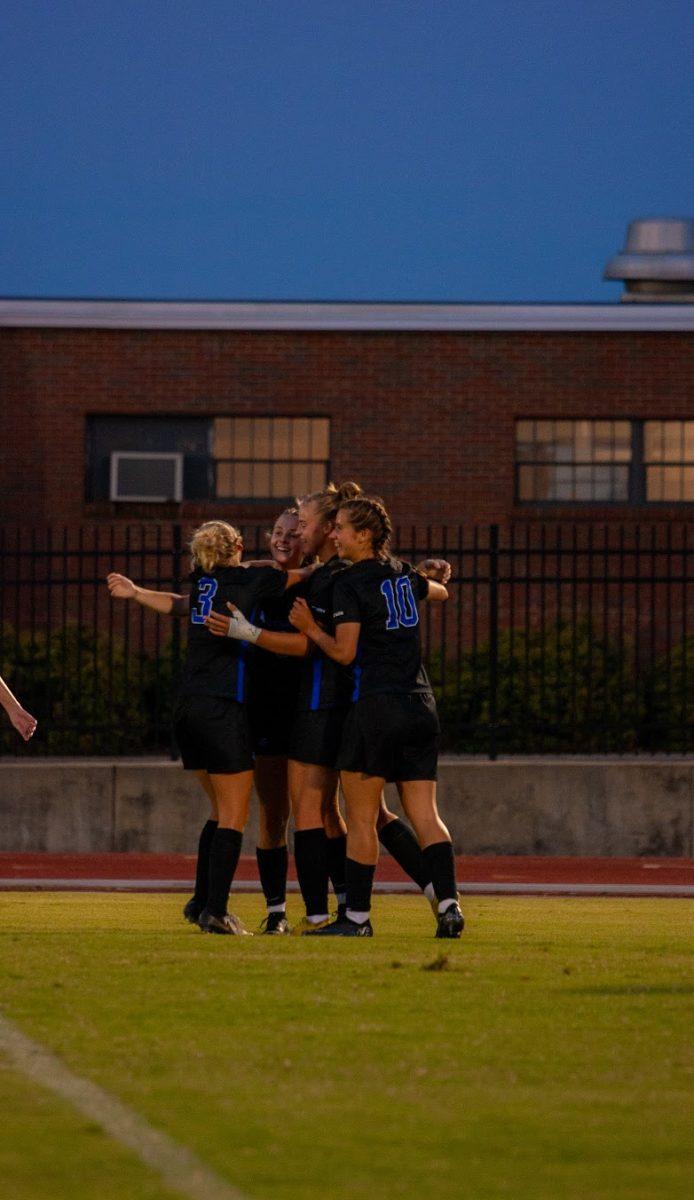 MTSU celebrates following Lexi Dendis' first collegiate goal, 8-29-24. 