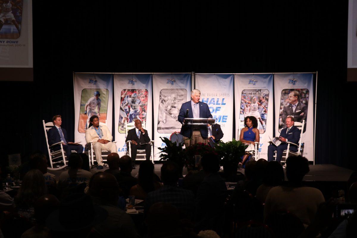 MTSU athletic director Chris Massaro speaks on the five new inductees to the Blue Raider Sports Hall of Fame, 9-20-2024. (Photo by Jacob Burgess)