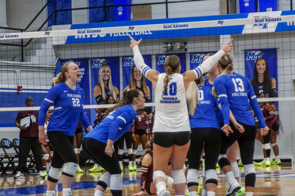 MTSU celebrates a point against Alabama A&M, 9-24-2024. (Photo by Caitlyn Hajek)