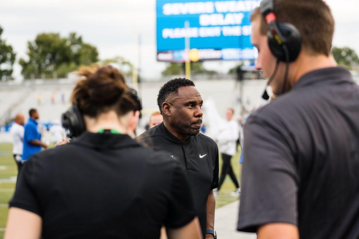 Derek Mason roams the sidelines before his first game as MTSU's head coach, 8-31-2024. (Photo by Myles Valrie)