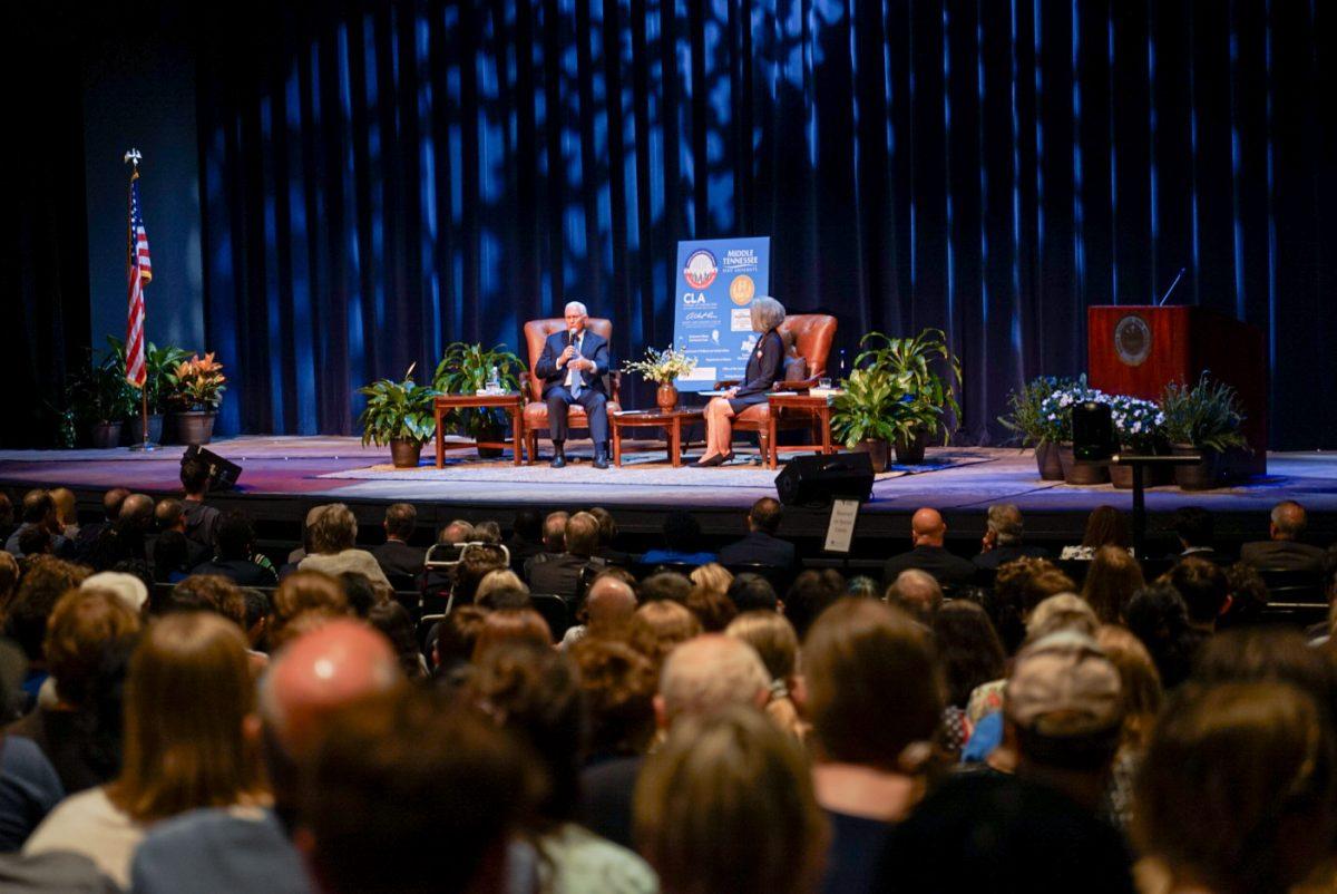 Former Vice President Mike Pence came to MTSU for a Constitution Day event entitled "Defining Democracy," where he talked about various voter issues. (Photo by Rusty Miller)