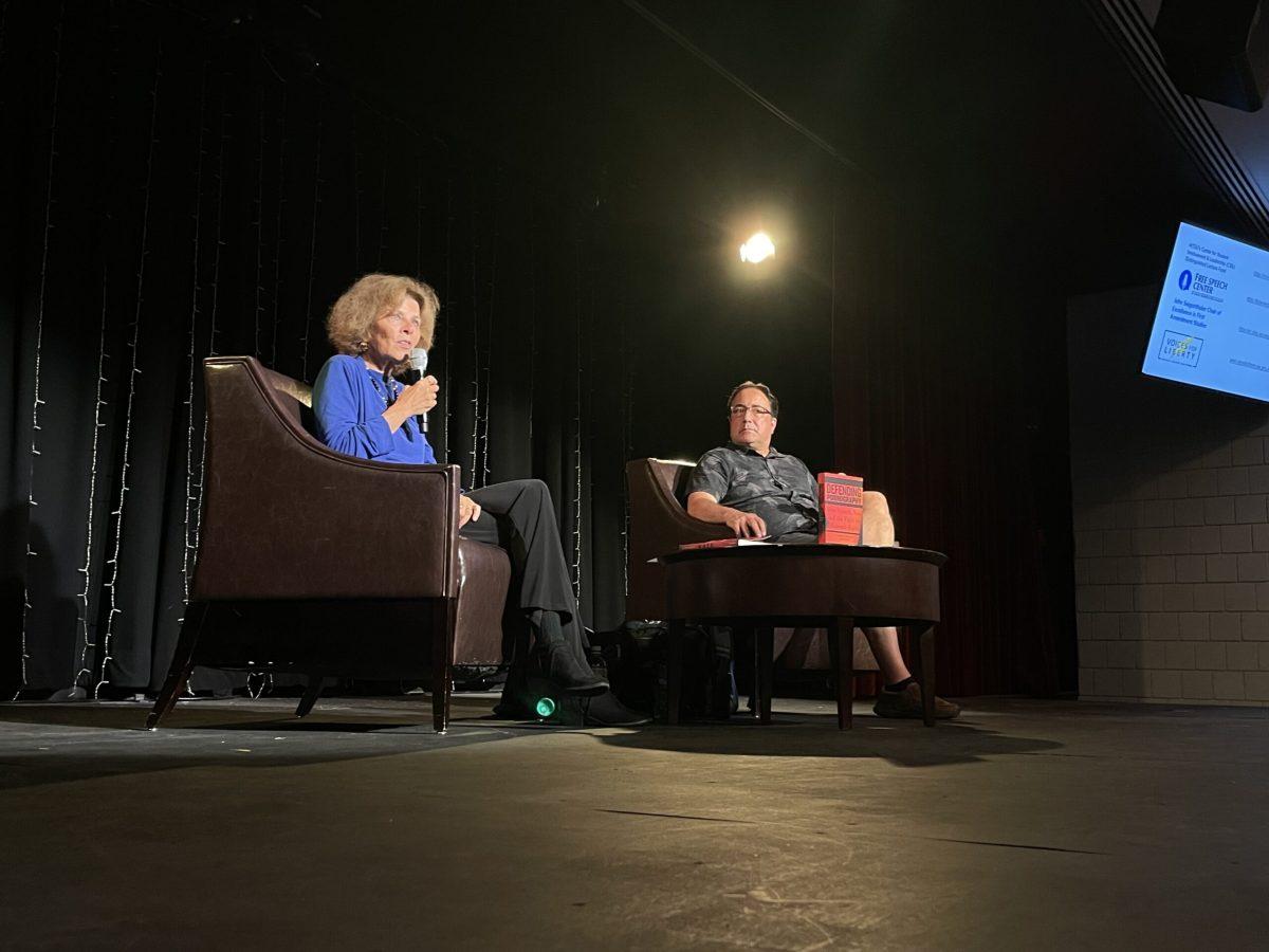 Nadine Strossen in discussion with Dr. Frank Lambert  at MTSU in Murfreesboro, Tennessee, on Sept. 25, 2024. (Photo by Noah McLane)