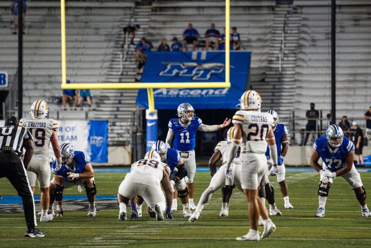 Quarterback Nick Vattiato motions a receiver against Tennessee Tech, 8-31-2024. (Photo by Myles Valrie)