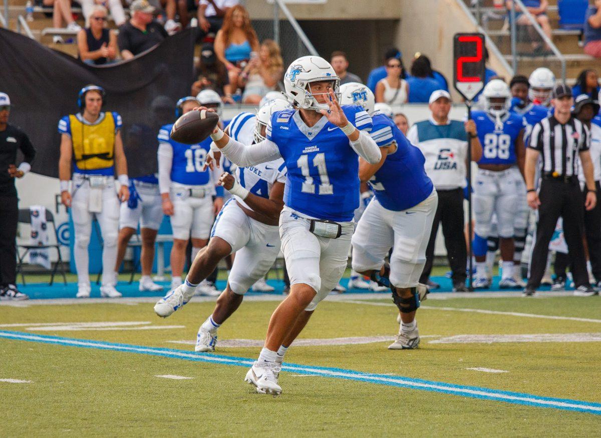 MTSU quarterback Nick Vattiato rolls out to make a throw against Duke at Floyd Stadium on Sept. 21, 2024.