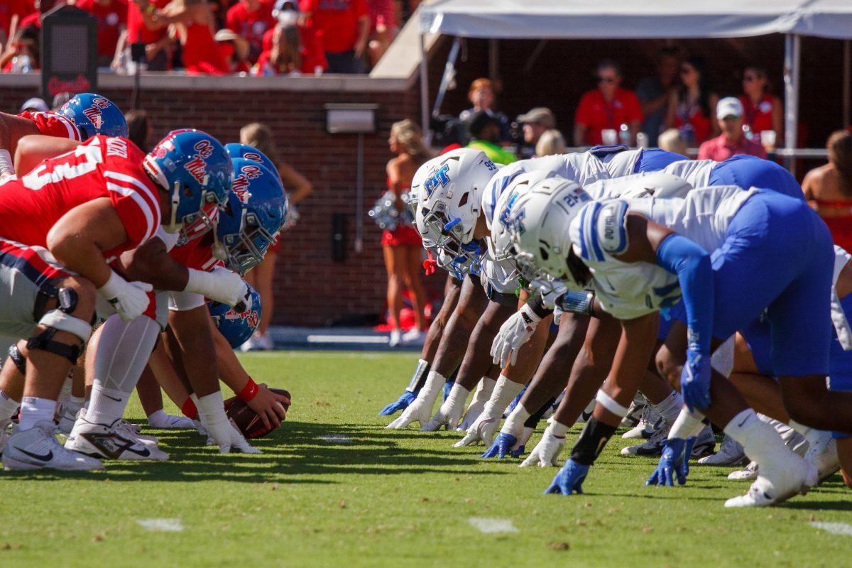 MTSU's defense lines up against the Ole Miss offense, 9-7-2024. (Photo by Paige Mast)