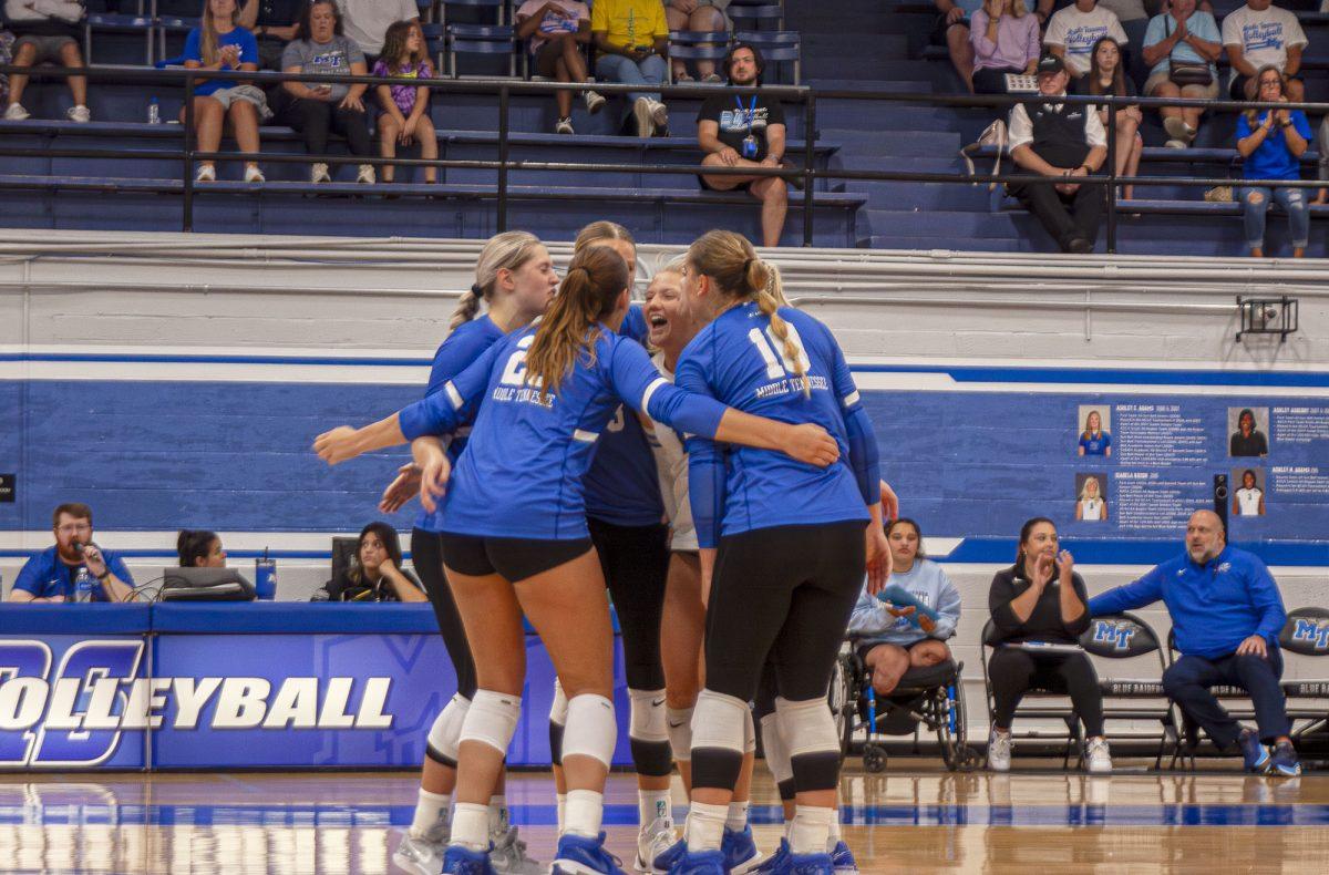 MTSU volleyball huddles celebrates a point, 9-9-2024. (Photo by Caitlyn Hajek)