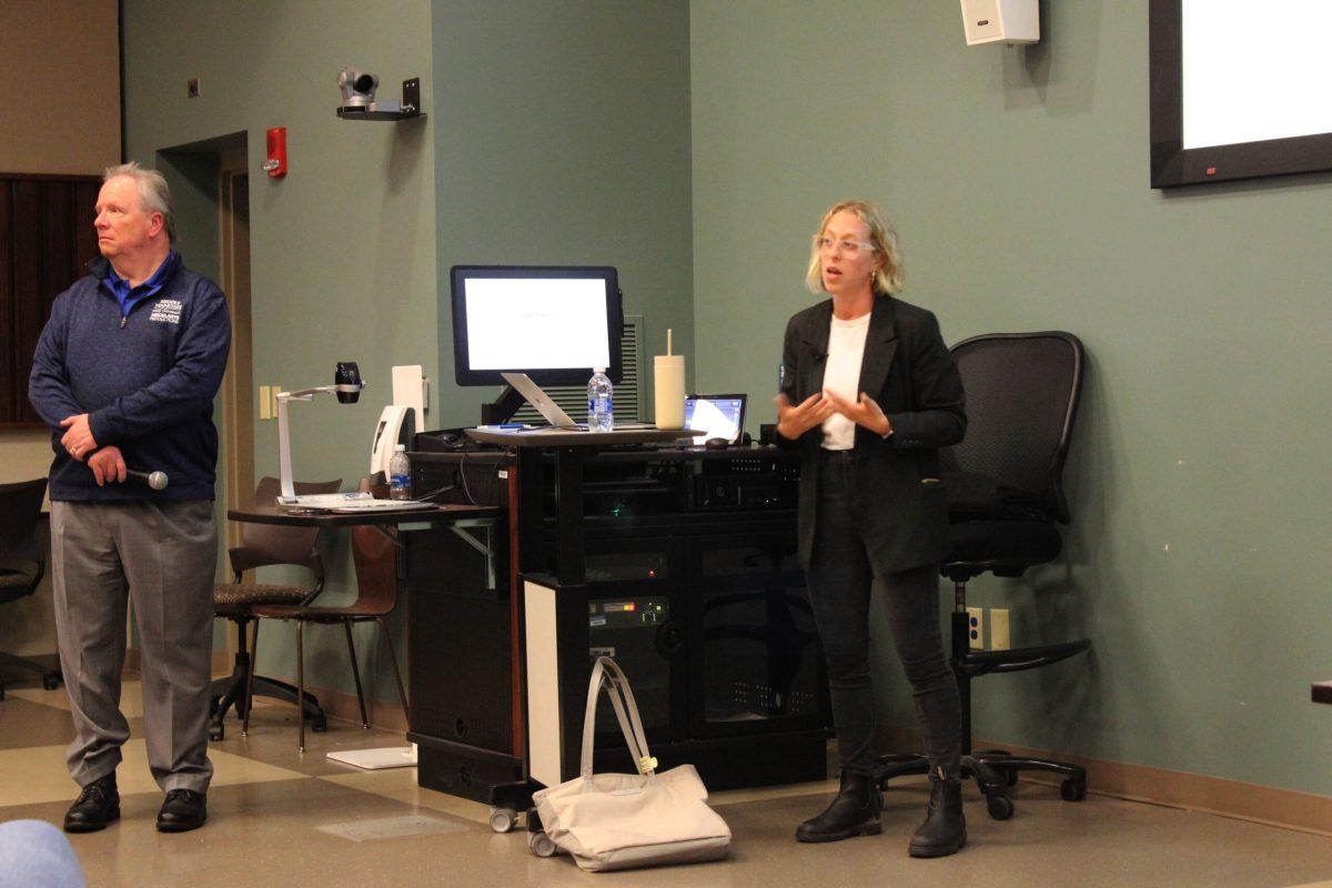 Meribah Knight gave a lecture at MTSU about her podcast, "Supermajority," on Sept. 30, 2024. (Photo by Hannah Carley)