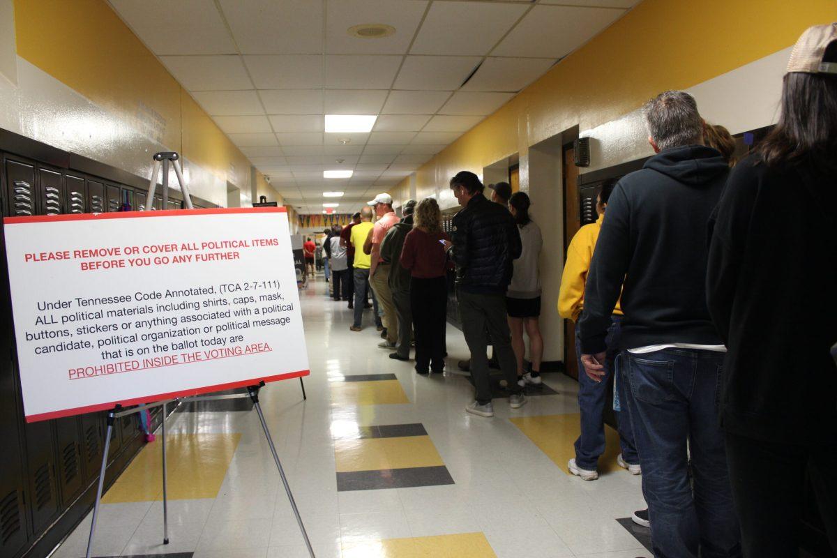 Voters wait in line at Central Magnet School at 7:05 a.m. on Nov. 5, 2024, for Election Day. (Photo by Hannah Carley)