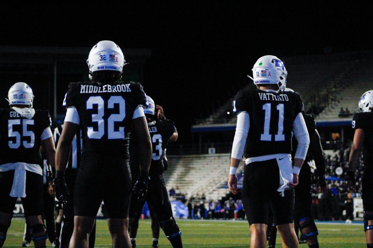 Jekail Middlebrook (left) and Nick Vattiato (right) stand in front deep in their own territory to start a drive, 10-15-2024. (Photo by Abby Barber)