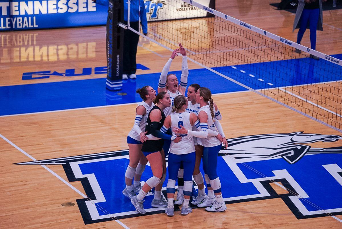 MTSU celebrates a win against Louisiana Tech, 10-24-2024. (Photo by Rusty Miller)