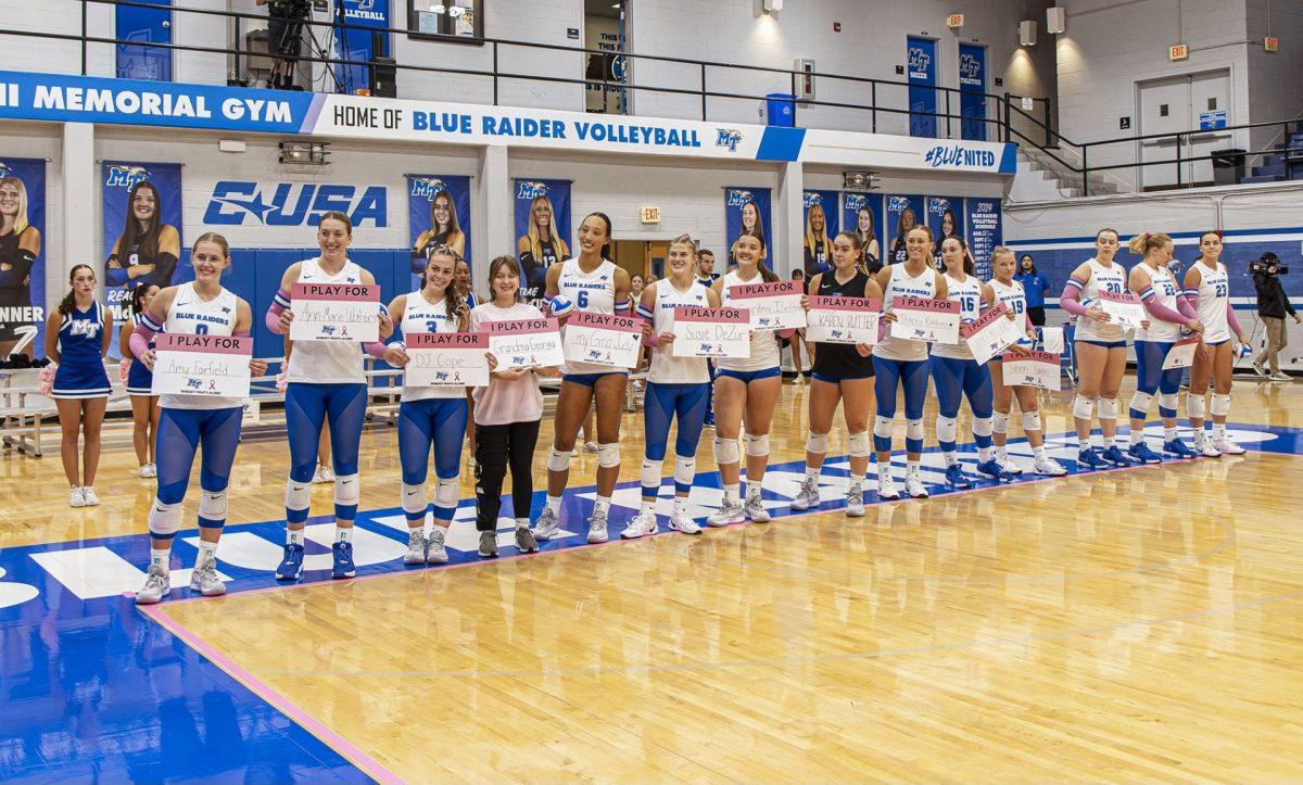 MTSu volleyball acknowledges those affected by cancer before a match against FIU, 10-4-2024. (Photo by Caitlyn Hajek)