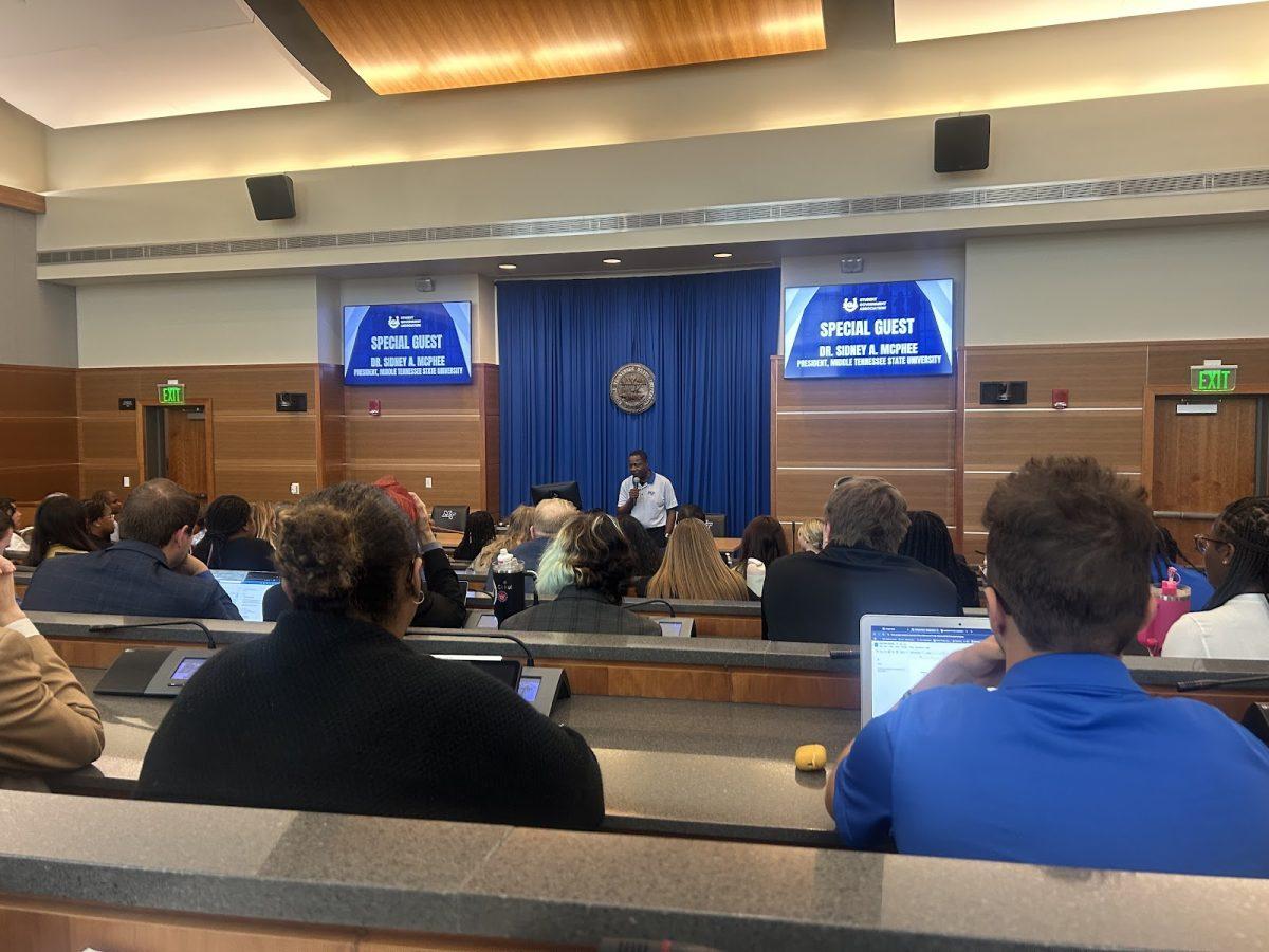 MTSU President Sidney McPhee joined the joint Senate-Freshman Council meeting on Oct. 3, 2024, and took questions from SGA members. (Photo by Siri Reynolds)