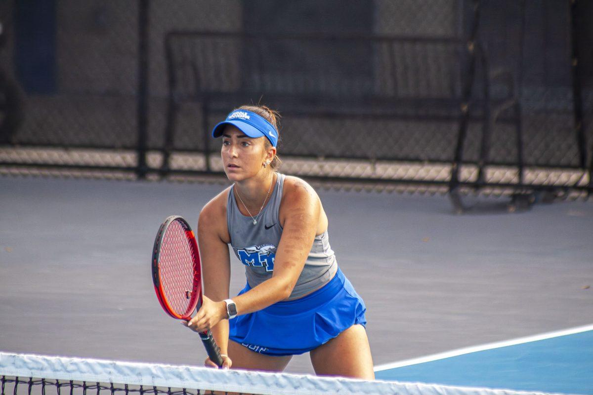 Illaria Sposetti awaits play at the net in doubles, 10-25-2024. (Photo by Caitlyn Hajek)