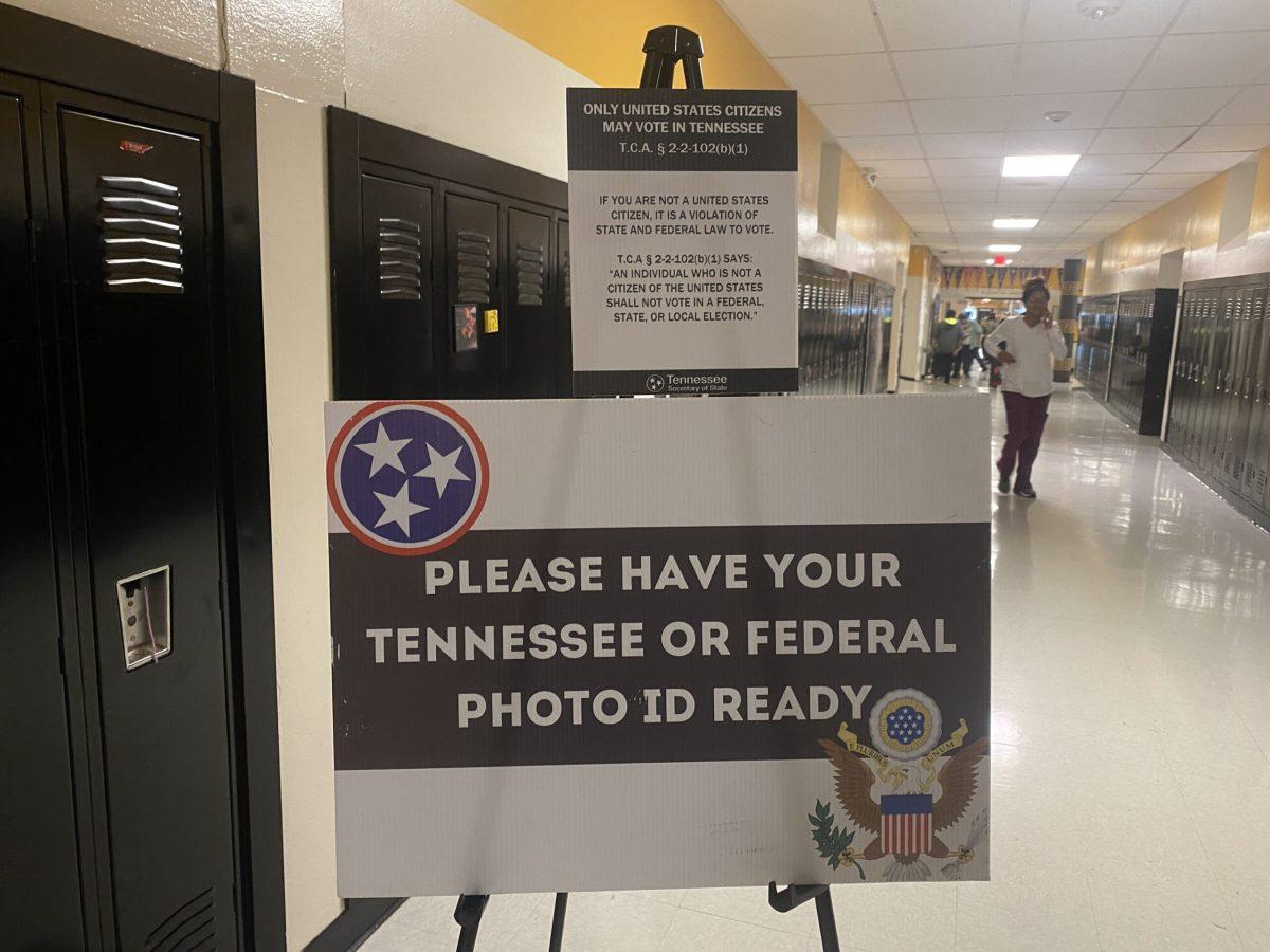 A sign reminding voters to have their Tennessee or federal photo ID ready in order to vote at Central Magnet School on November 5, 2024. (Photo by Bailey Brantingham)