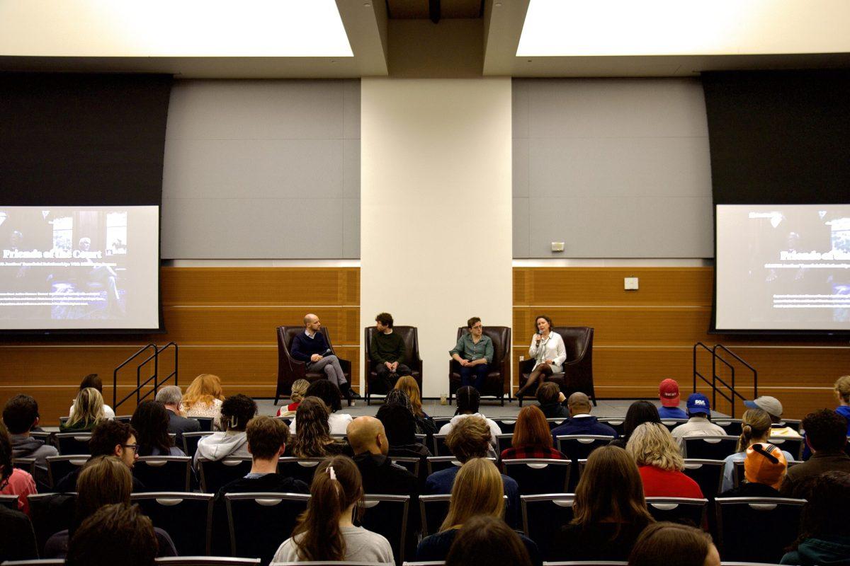 The three ProPublica reporters Justin Elliot, Joshua Kaplan, Alex Mierjeski listen to Deborah Fisher, Director of the John Seigenthaler Chair of Excellence in First Amendment Studies, ask about Supreme Court Justice Clarence Thomas and his relationship with billionaire Harlan Crow on Nov. 19, 2024. (Photo by Noah McLane)