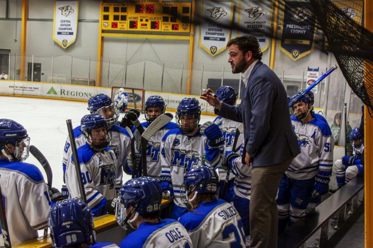 MTSU head coach, James Murray talks to his team during a game against Georgia Tech. (Photo by Caitlyn Hajek)