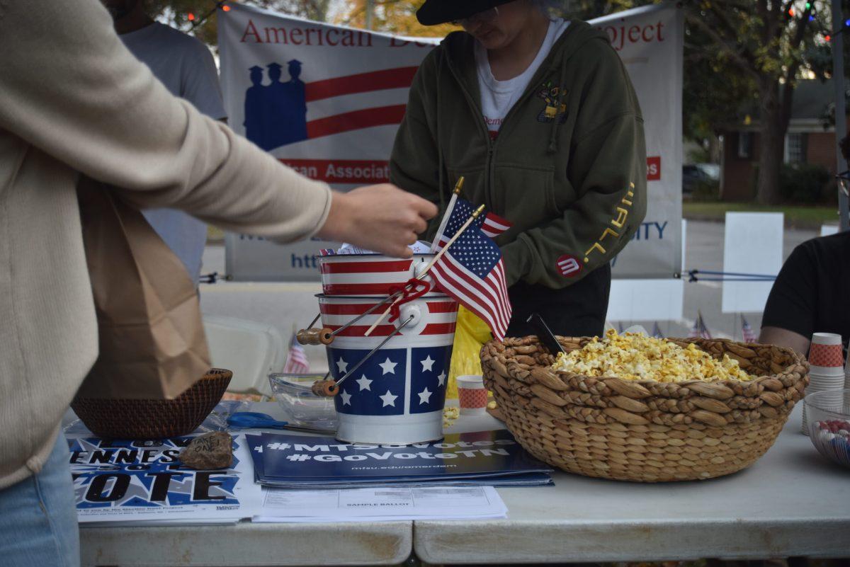 MTSU's chapter of the American Democracy project set up for Election Day outside of Central Magnet School n Murfreesboro, Tennessee on Nov. 5, 2024 (Photo by Skyler Wendell)