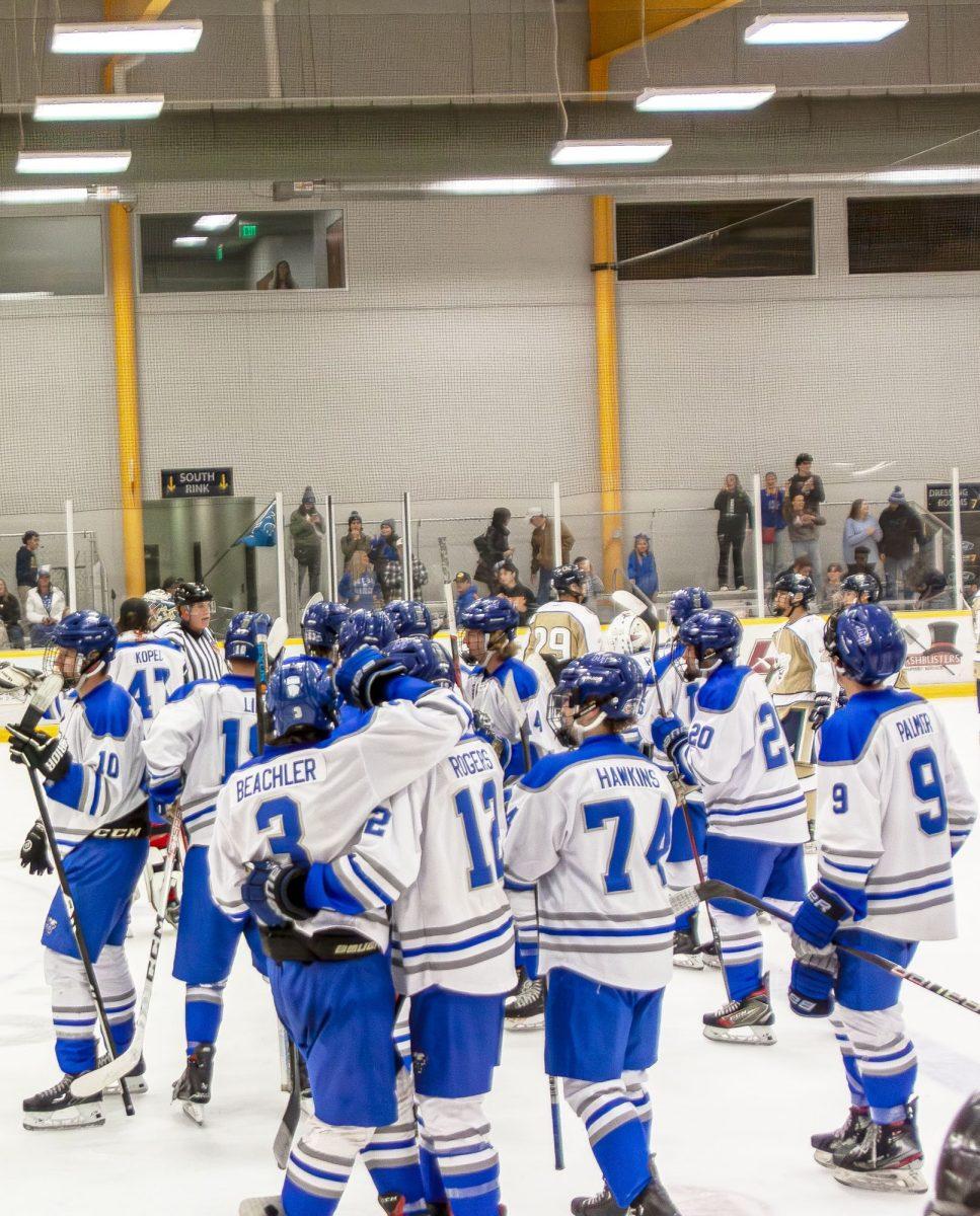 MTSU hockey celebrates following a win against Georgia Tech, 10-26-2024. 