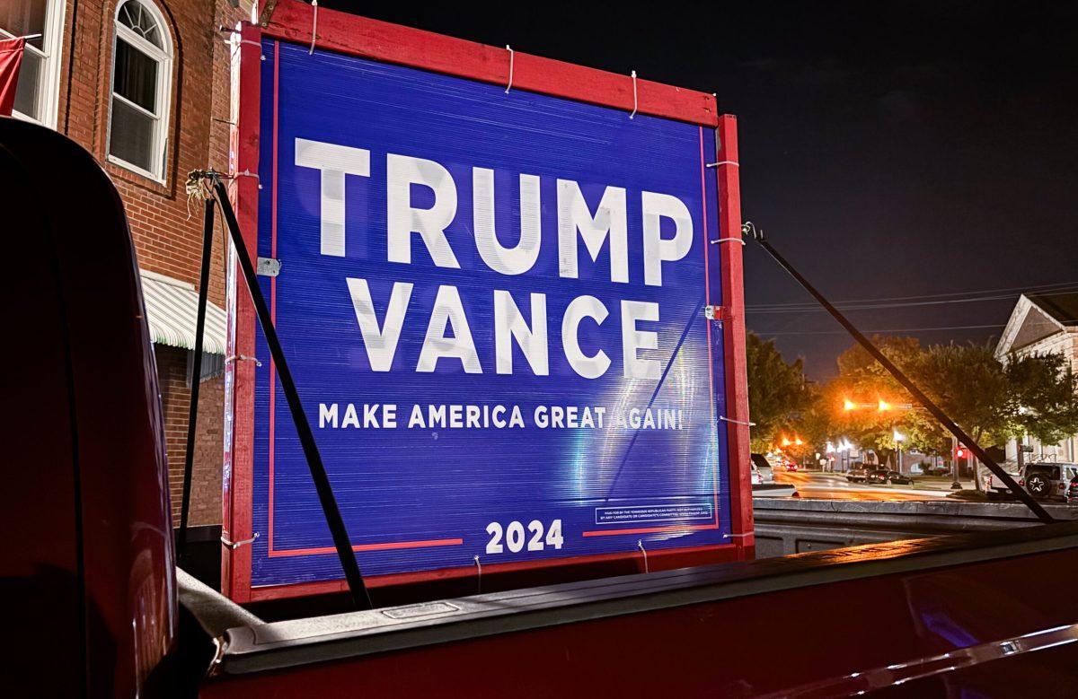 A Trump and Vance sign sits in front of the Rutherford County GOP headquarters in Murfreesboro, Tennessee on Nov. 5, 2024 (Photo by Vanessa Hamel)