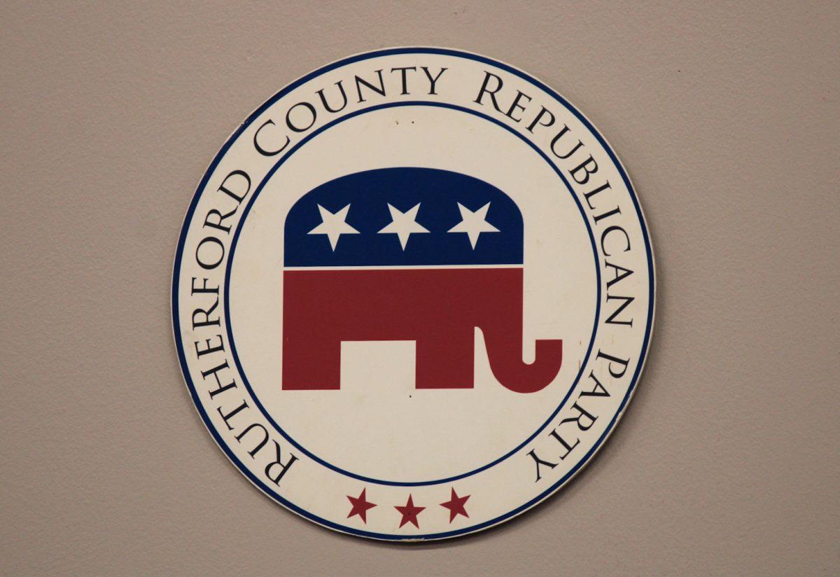 The Rutherford County Republican Party sign hangs at the Rutherford County GOP headquarters in Murfreesboro, Tennessee on Nov. 5, 2024 (Photo by Vanessa Hamel)