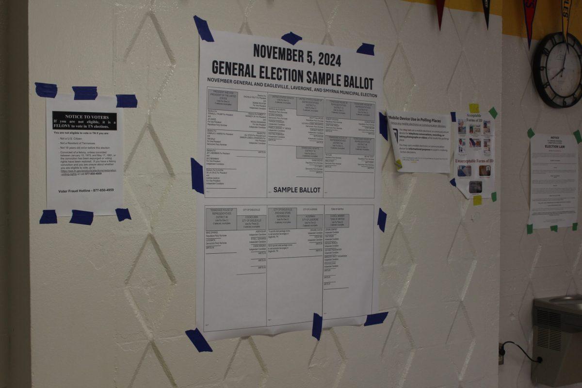 The Central Magnet School polling location displays a sample ballot for the 2024 presidential election on Nov. 5, 2024. (Photo by Hannah Carley)