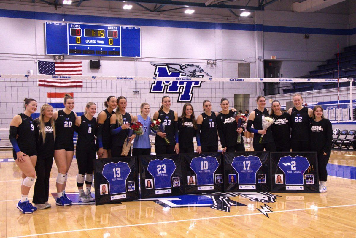 MTSU's seniors stand among their teammates, coaches and family on senior day, 11-16-2024. (Photo by Jaeda Jackson)