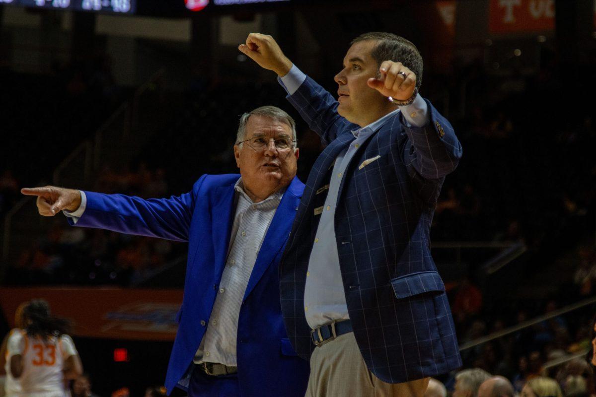 Head coach Rick Insell and associate head coach Matt Insell in game against Tennessee, 11-12-2024.
