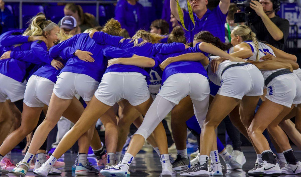 The Lady Raiders break it down before facing Tennessee Tech, 11-19-2024. (Photo by Paige Mast)