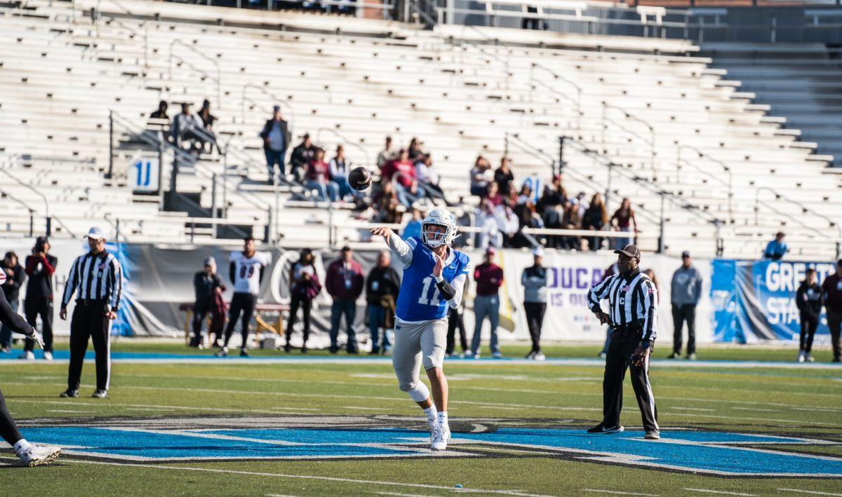 Nick Vattiato fires a pass against New Mexico State, 11-23-2024. (Photo by Myles Valrie)