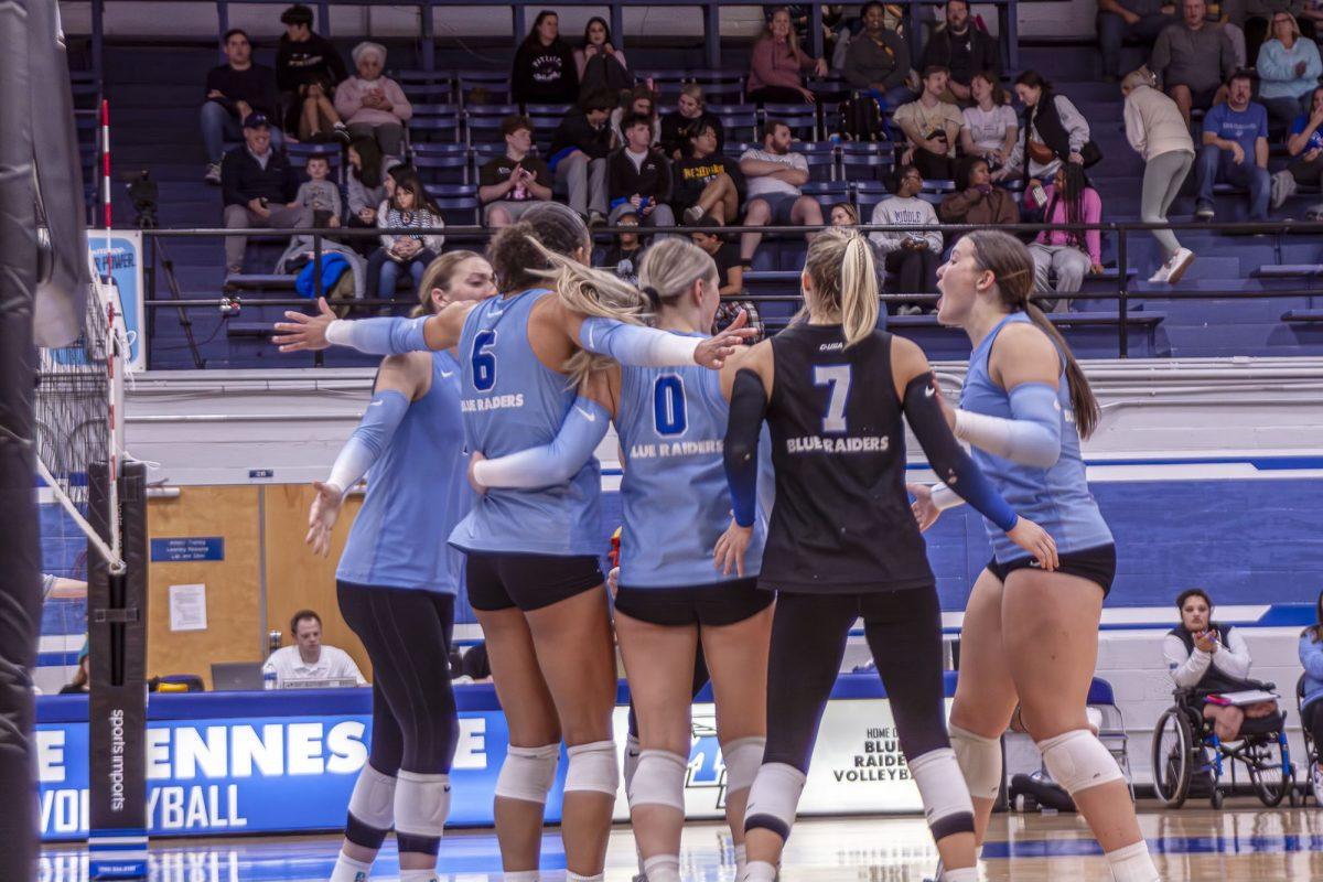 MTSU volleyball celebrates following a point against New Mexico State, 11-15-2024. (Photo by Caitlyn Hajek)