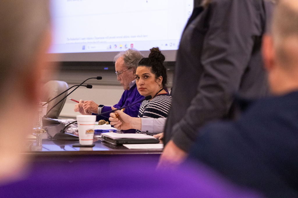 Board members Frances Rosales and Butch Vaughn at a tense school board meeting in Murfreesboro, Tennessee on Jan. 23, 2025.