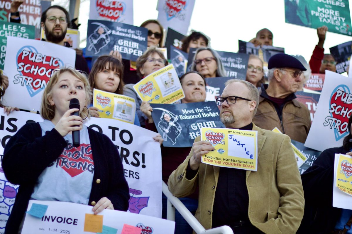 Liv Cook, protest organizer, addresses the media in Nashville Tenn. on Jan. 28, 2025. 