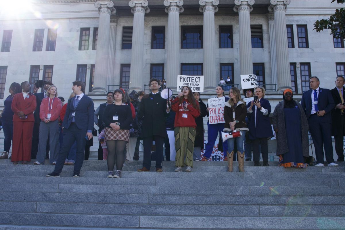 Student leaders from Hume-Fogg and Antioch High School lead chants for gun reform on the steps of the capitol in Nashville, Tenn. on Jan. 27, 2025.