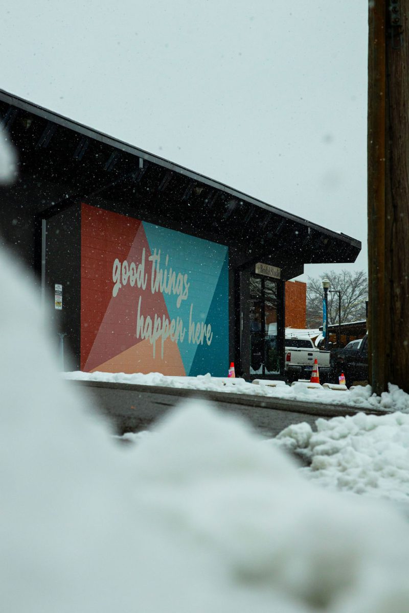 A mural wall is surrounded by snow on the Square in Murfreesboro, Tennessee, on Jan. 10, 2025.