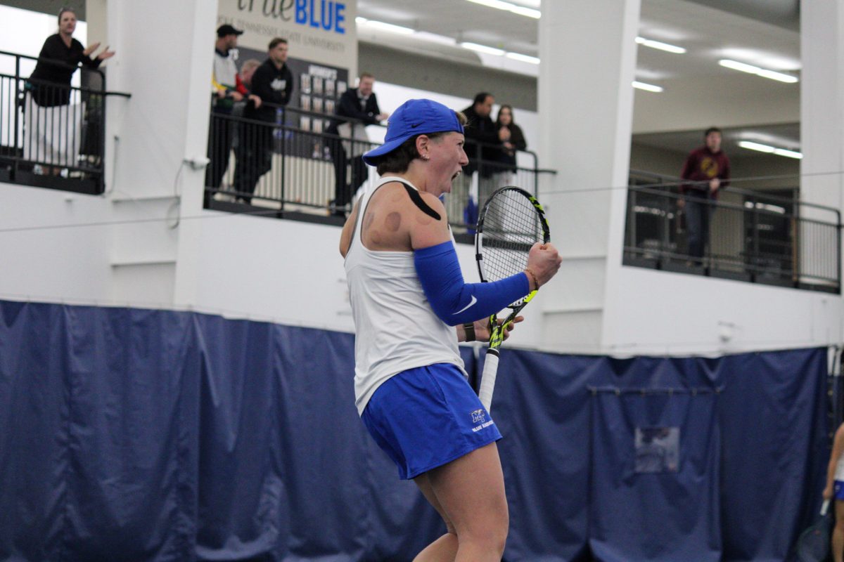 Alessia Truden celebrates a match-clinching point against Louisville at the Adams Tennis Complex on Jan. 24, 2025.