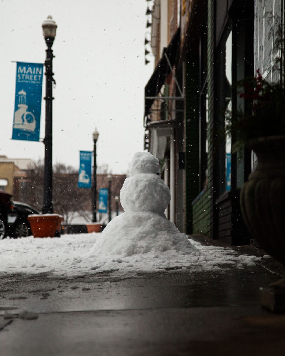 A faceless snowman sits in the Square in Murfreesboro, Tennessee, on Jan. 10, 2025.